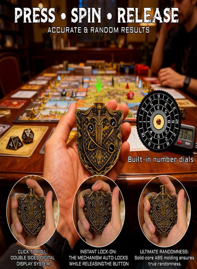 CZYY MinZerTRPG Roulette Dice 3.0 - Unique Shield Mechanical Spinner Dice for Tabletop RPG | 7-in-1 Metal DND Dice Set with Leather Pouch | Fidget EDC, Geek Gift for TTRPG Gamer & DM (Shield of Valor A) - Image 3